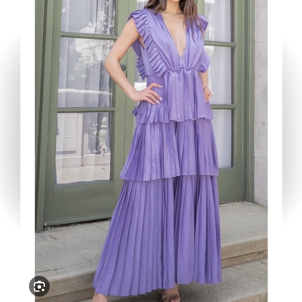 Purple pleated satin ruffle maxi dress